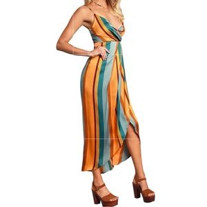 NEW Lulus XL Jovi Orange Multi Striped Satin High Low Midi Dress NWT